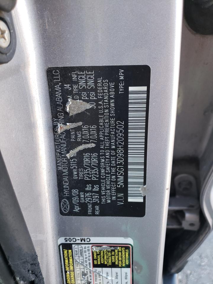 2008 Hyundai Santa Fe VIN 5NMSG13D98H209502 Copart auction photo, front end / hail damage thumbnail 13