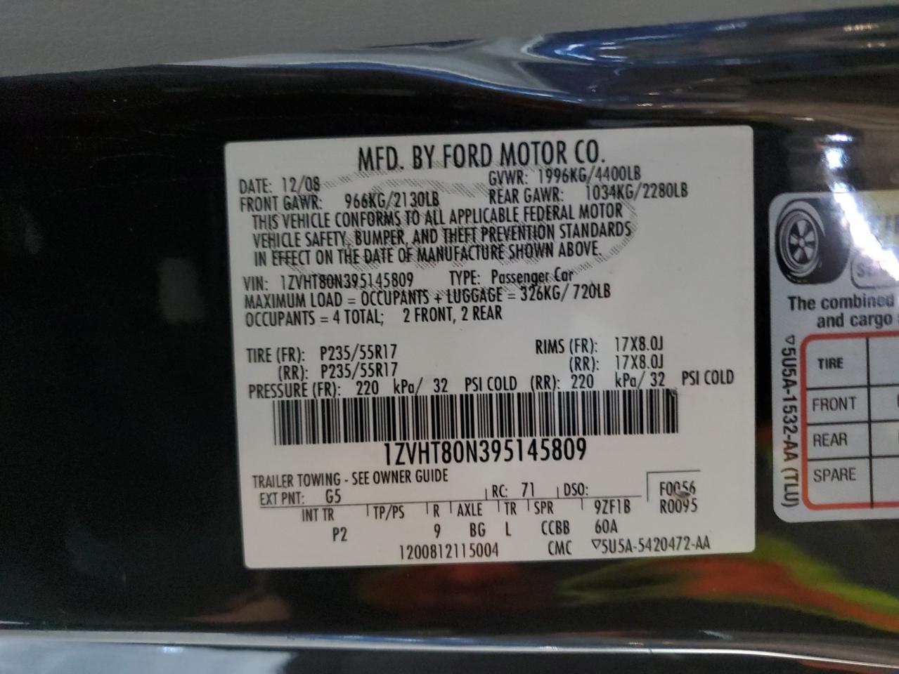 2009 Ford Mustang VIN 1ZVHT80N395145809 Copart auction photo, front end damage thumbnail 12