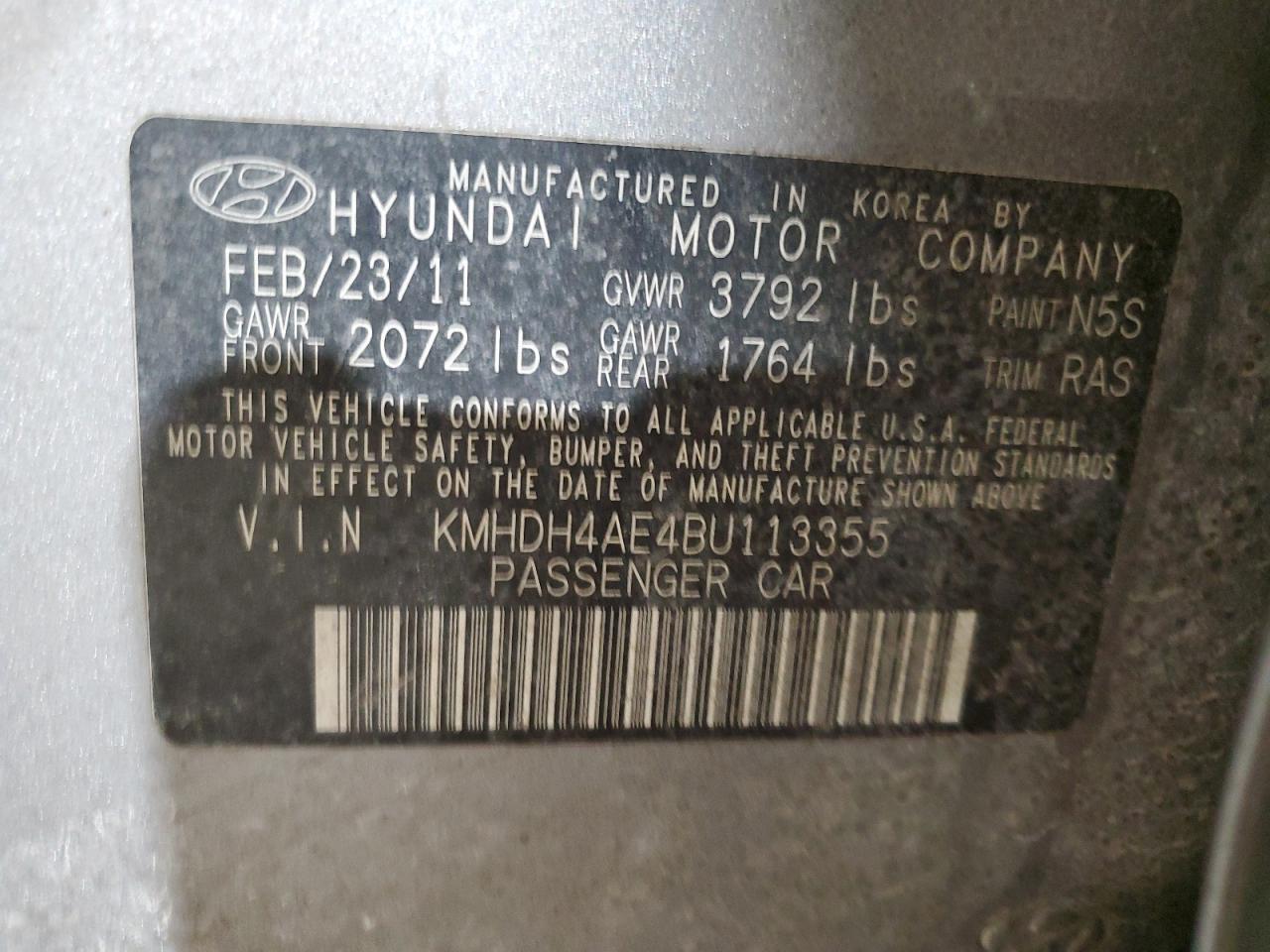 2011 Hyundai Elantra VIN KMHDH4AE4BU113355 Copart auction photo, front end damage thumbnail 12