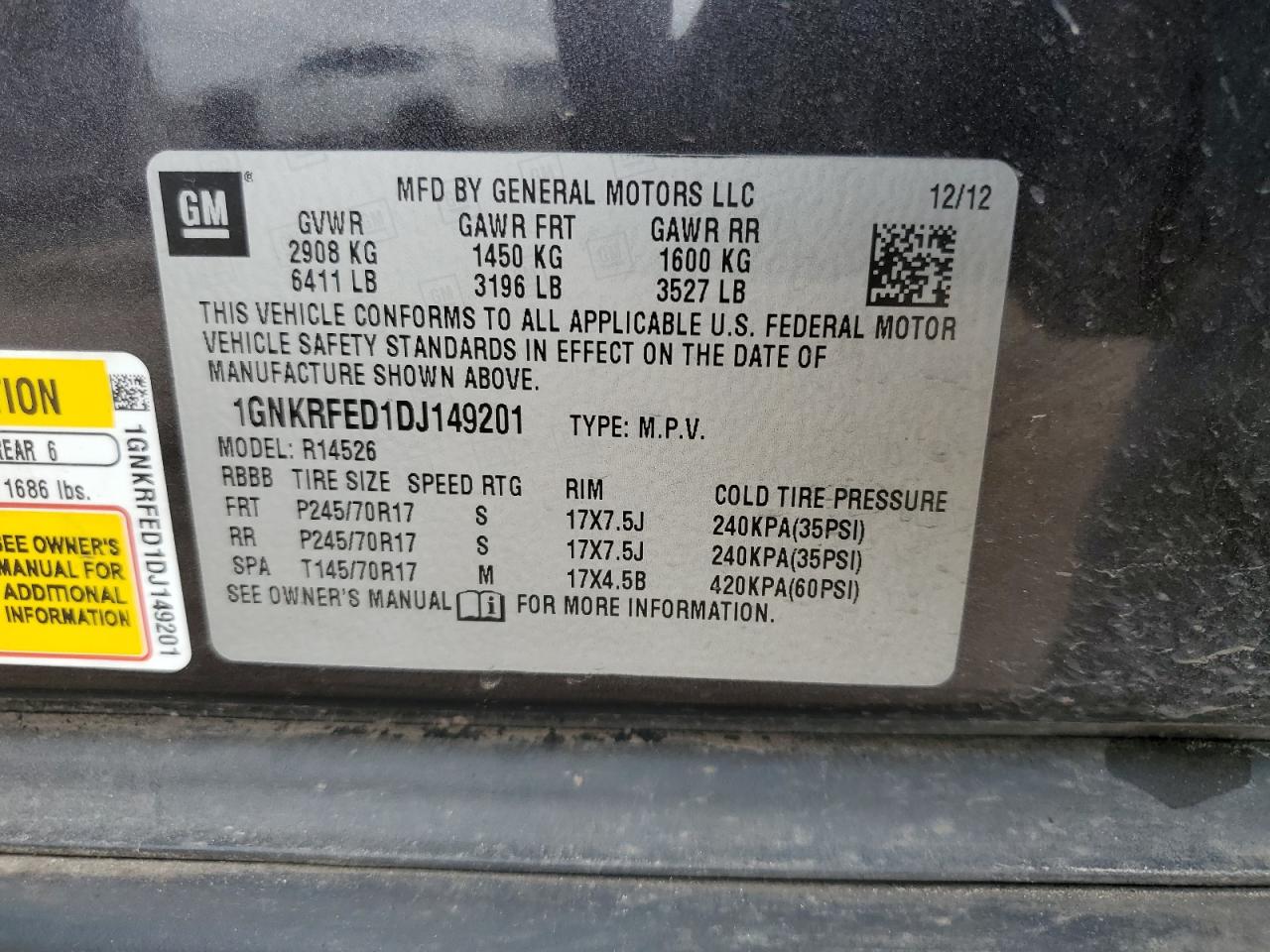 2013 Chevrolet Traverse VIN 1GNKRFED1DJ149201 Copart auction photo, rear end / undercarriage damage thumbnail 13