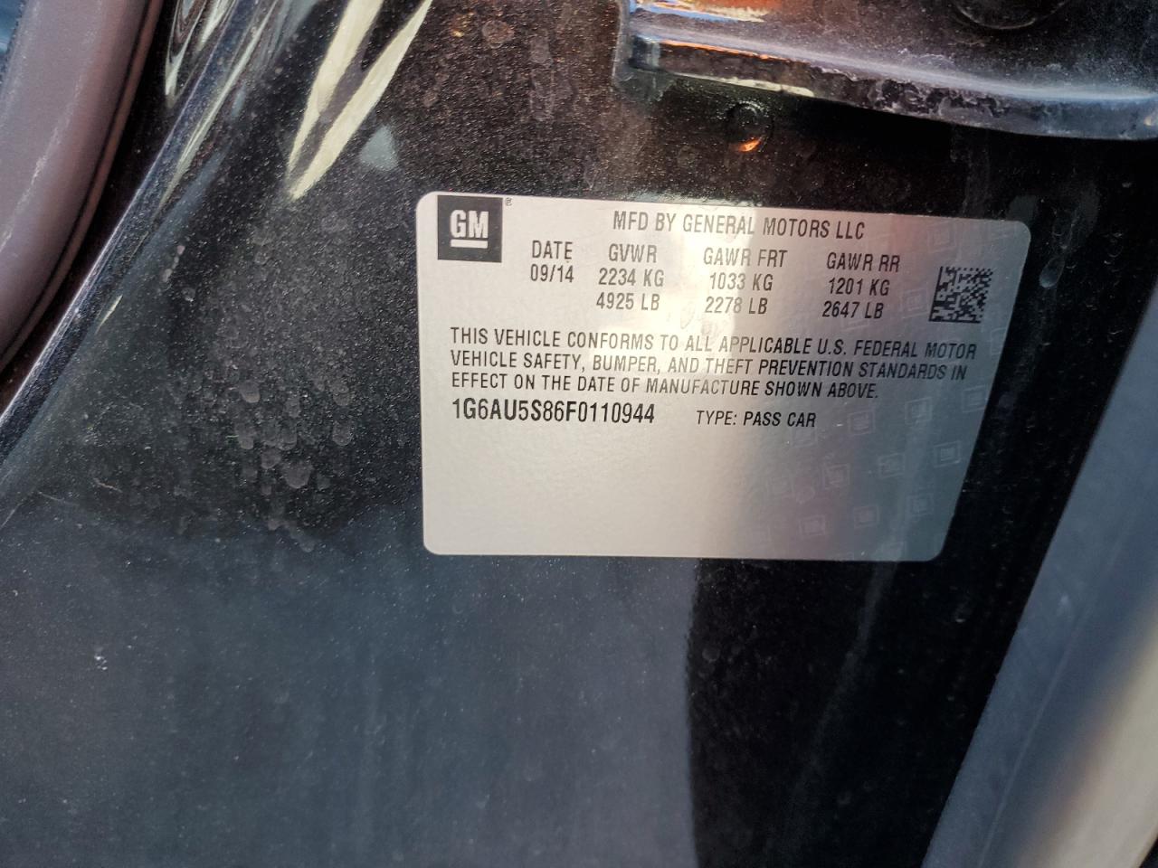2015 Cadillac CTS VIN 1G6AU5S86F0110944 Copart auction photo, front end damage thumbnail 15