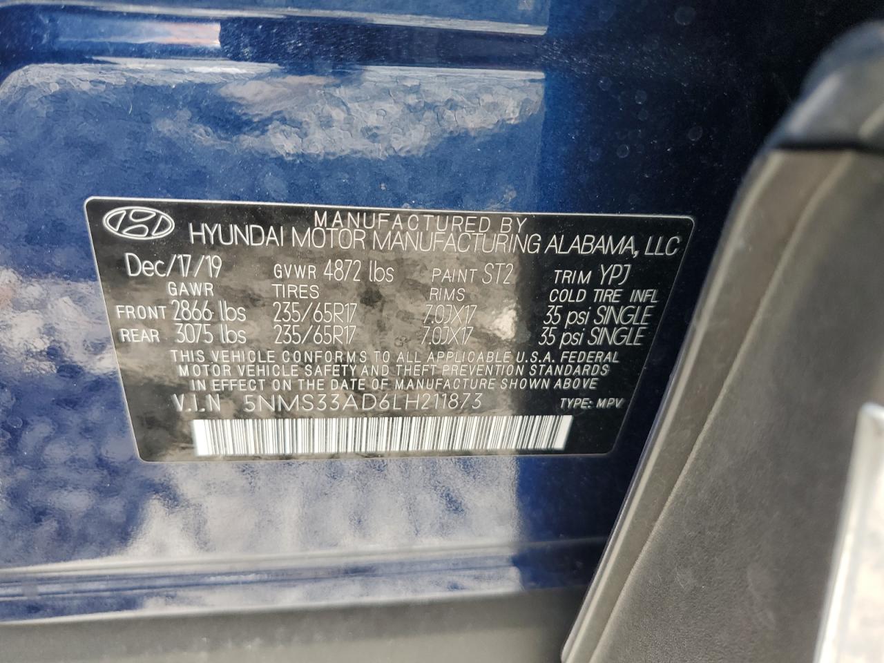 2020 Hyundai Santa Fe VIN 5NMS33AD6LH211873 Copart auction photo, front end damage thumbnail 14