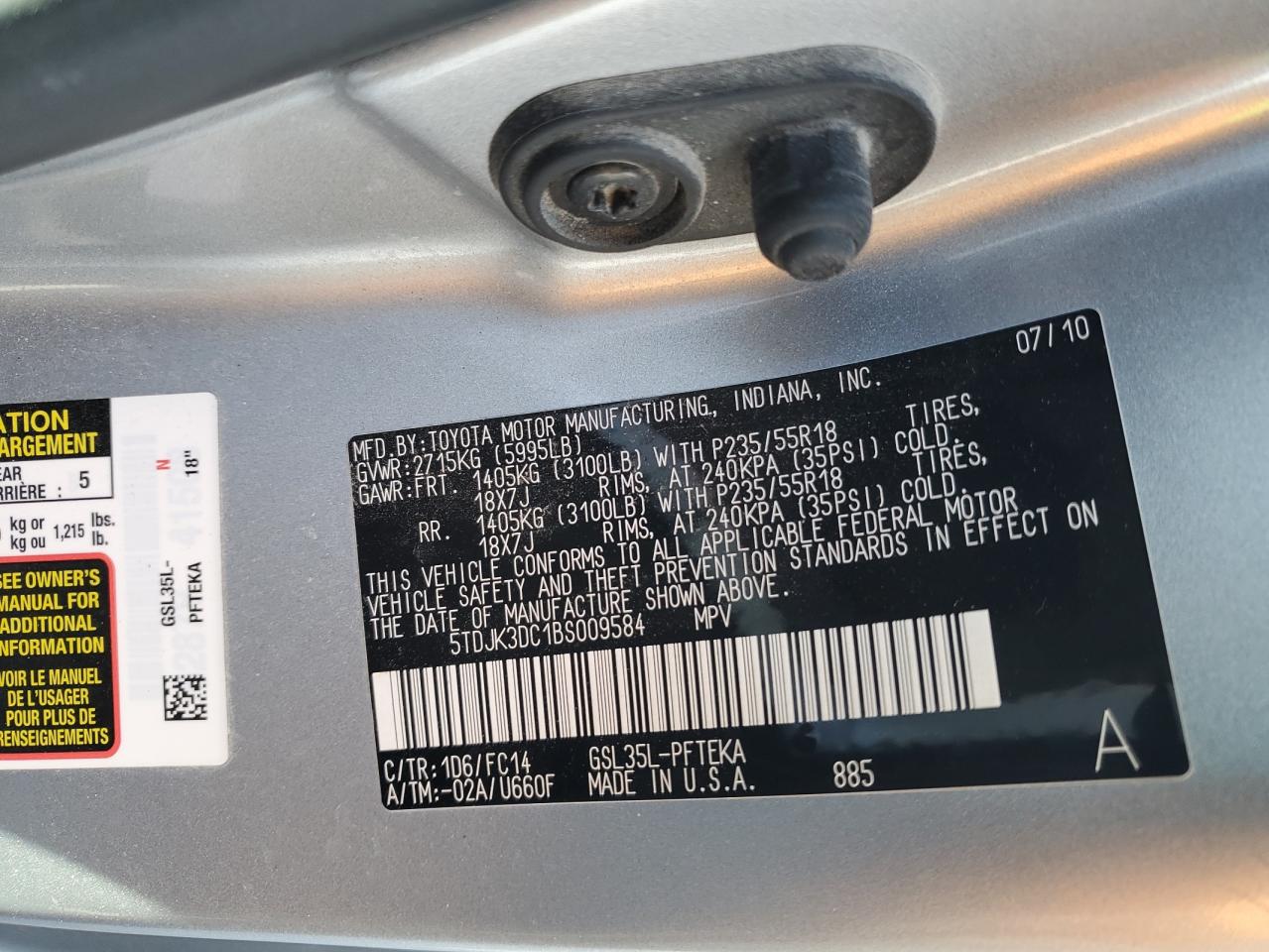 2011 Toyota Sienna VIN 5TDJK3DC1BS009584 Copart auction photo, front end / minor dent/scratches damage thumbnail 15