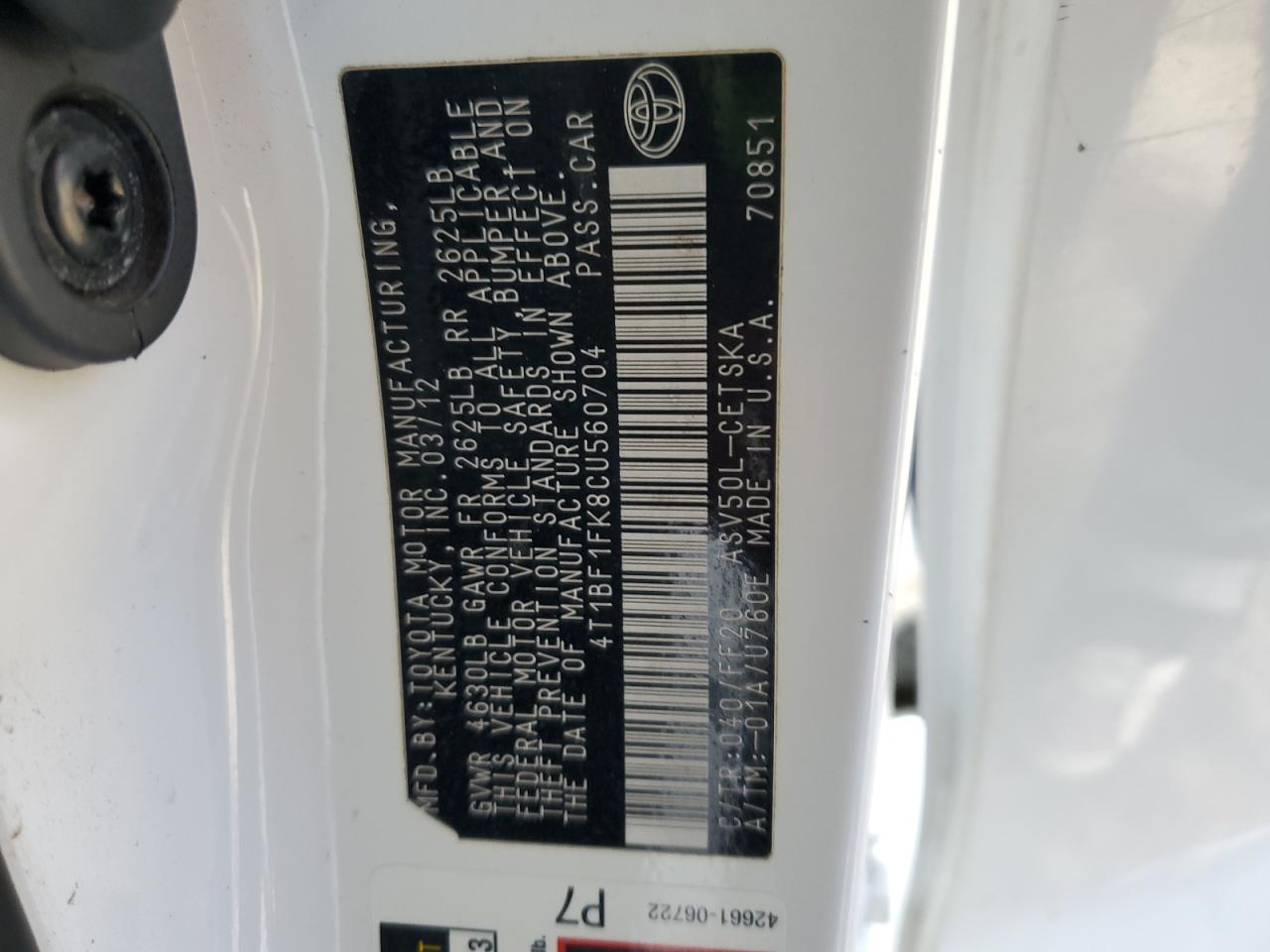 2012 Toyota Camry VIN 4T1BF1FK8CU560704 Copart auction photo, front end damage thumbnail 14
