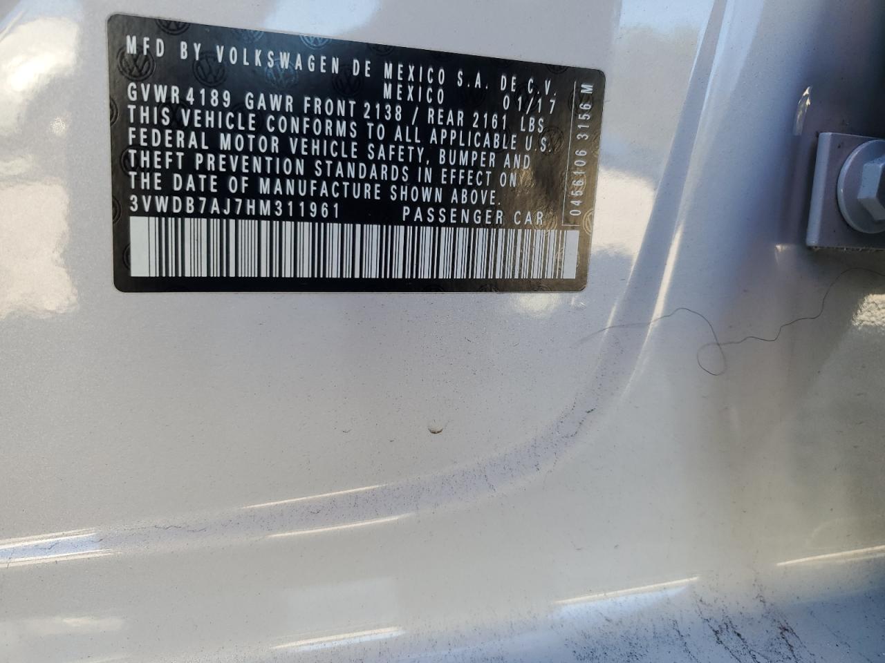 2017 Volkswagen Jetta VIN 3VWDB7AJ7HM311961 Copart auction photo, front end damage thumbnail 14