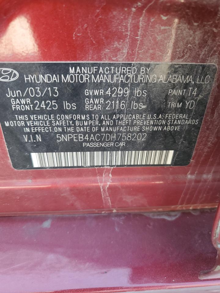2013 Hyundai Sonata VIN 5NPEB4AC7DH758202 Copart auction photo, all over damage thumbnail 12