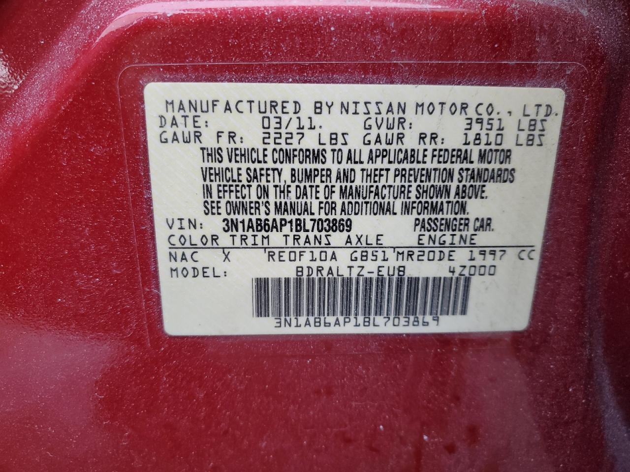 2011 Nissan Sentra VIN 3N1AB6AP1BL703869 Copart auction photo, front end damage thumbnail 12