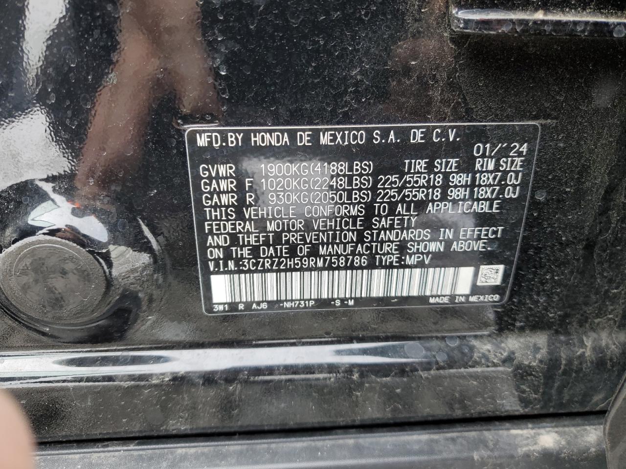2024 Honda HR-V VIN 3CZRZ2H59RM758786 Copart auction photo, rear end damage thumbnail 13
