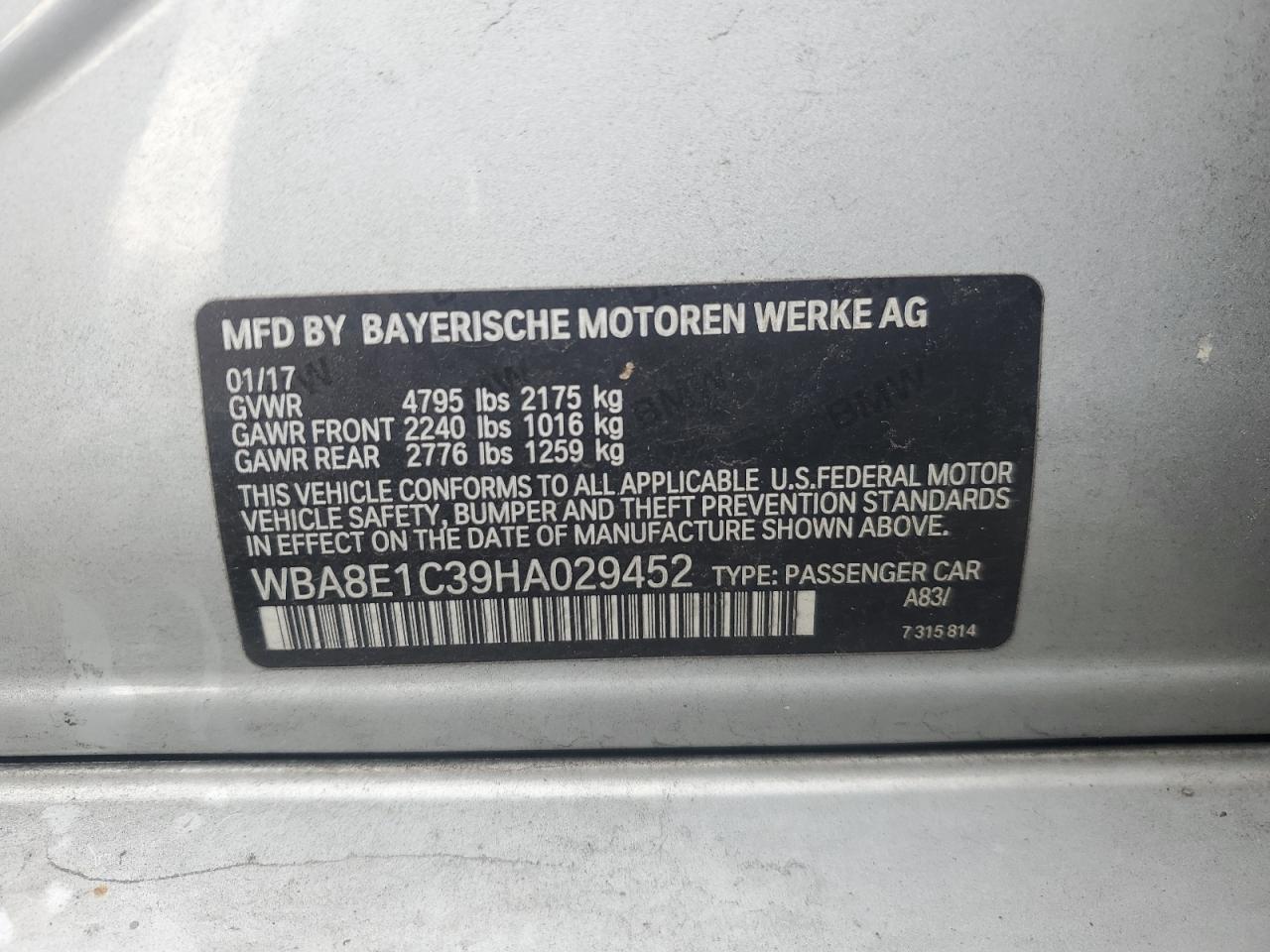 2017 BMW 3er VIN WBA8E1C39HA029452 Copart auction photo, front end damage thumbnail 12