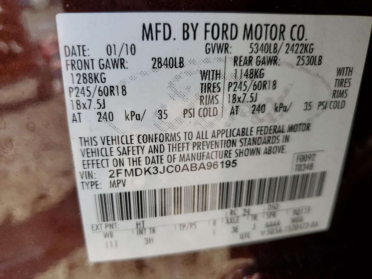 2010 Ford Edge VIN 2FMDK3JC0ABA96195 Copart auction photo, front end / minor dent/scratches damage thumbnail 14