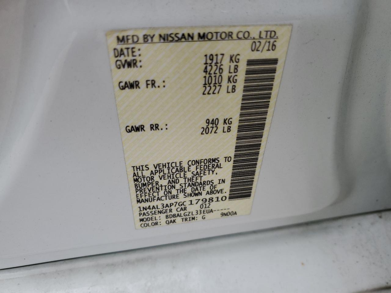 2016 Nissan Altima VIN 1N4AL3AP7GC179810 Copart auction photo, front end / minor dent/scratches damage thumbnail 12