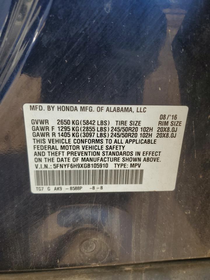 2016 Honda Pilot VIN 5FNYF6H9XGB105910 Copart auction photo, front end damage thumbnail 15
