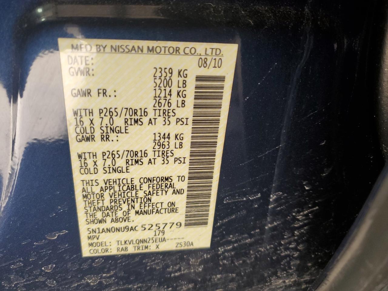 2010 Nissan XTerra VIN 5N1AN0NU9AC525779 Copart auction photo, front end damage thumbnail 13