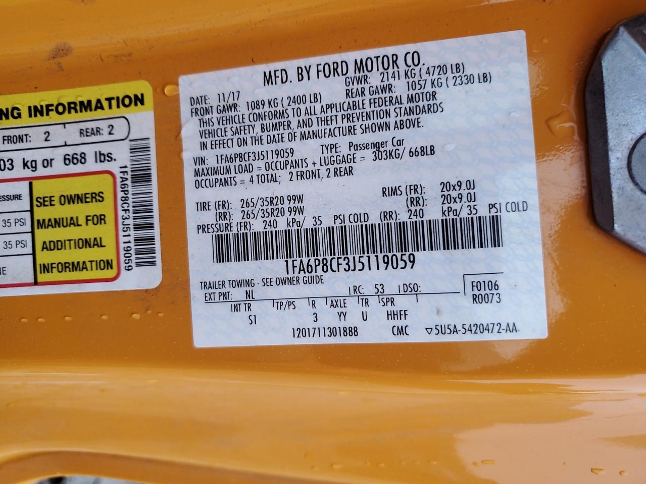 2018 Ford Mustang VIN 1FA6P8CF3J5119059 Copart auction photo, side / front end damage thumbnail 12