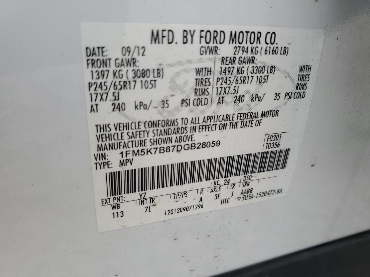 2013 Ford Explorer VIN 1FM5K7B87DGB28059 Copart auction photo, front end damage thumbnail 14