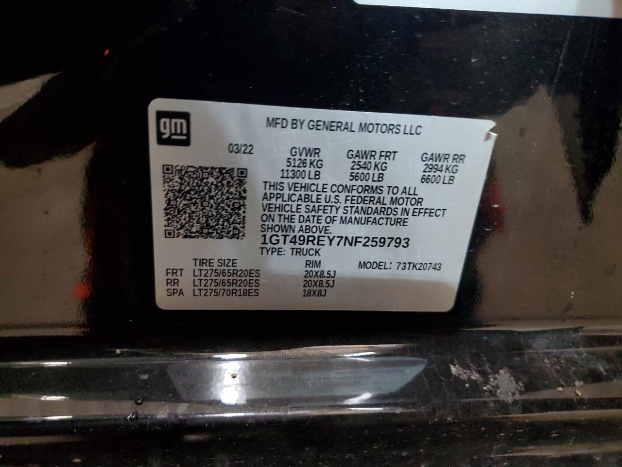 2022 GMC Sierra VIN 1GT49REY7NF259793 Copart auction photo, front end / side damage thumbnail 12