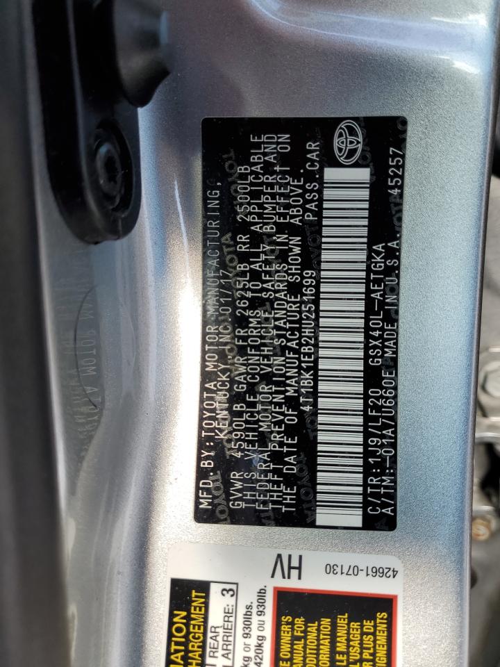 2017 Toyota Avalon VIN 4T1BK1EB2HU251699 Copart auction photo, front end / side damage thumbnail 13