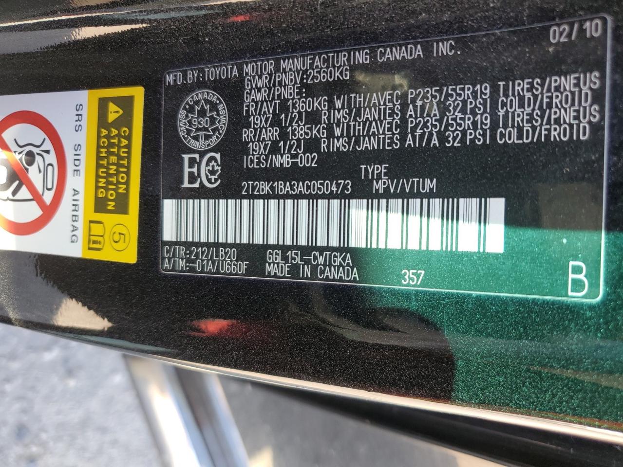 2010 Lexus RX VIN 2T2BK1BA3AC050473 Copart auction photo, side / undercarriage damage thumbnail 13