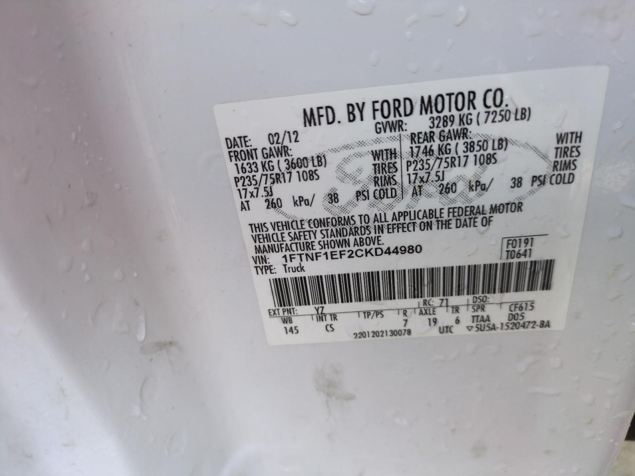 2012 Ford F-150 VIN 1FTNF1EF2CKD44980 Copart auction photo, rear end / side damage thumbnail 12