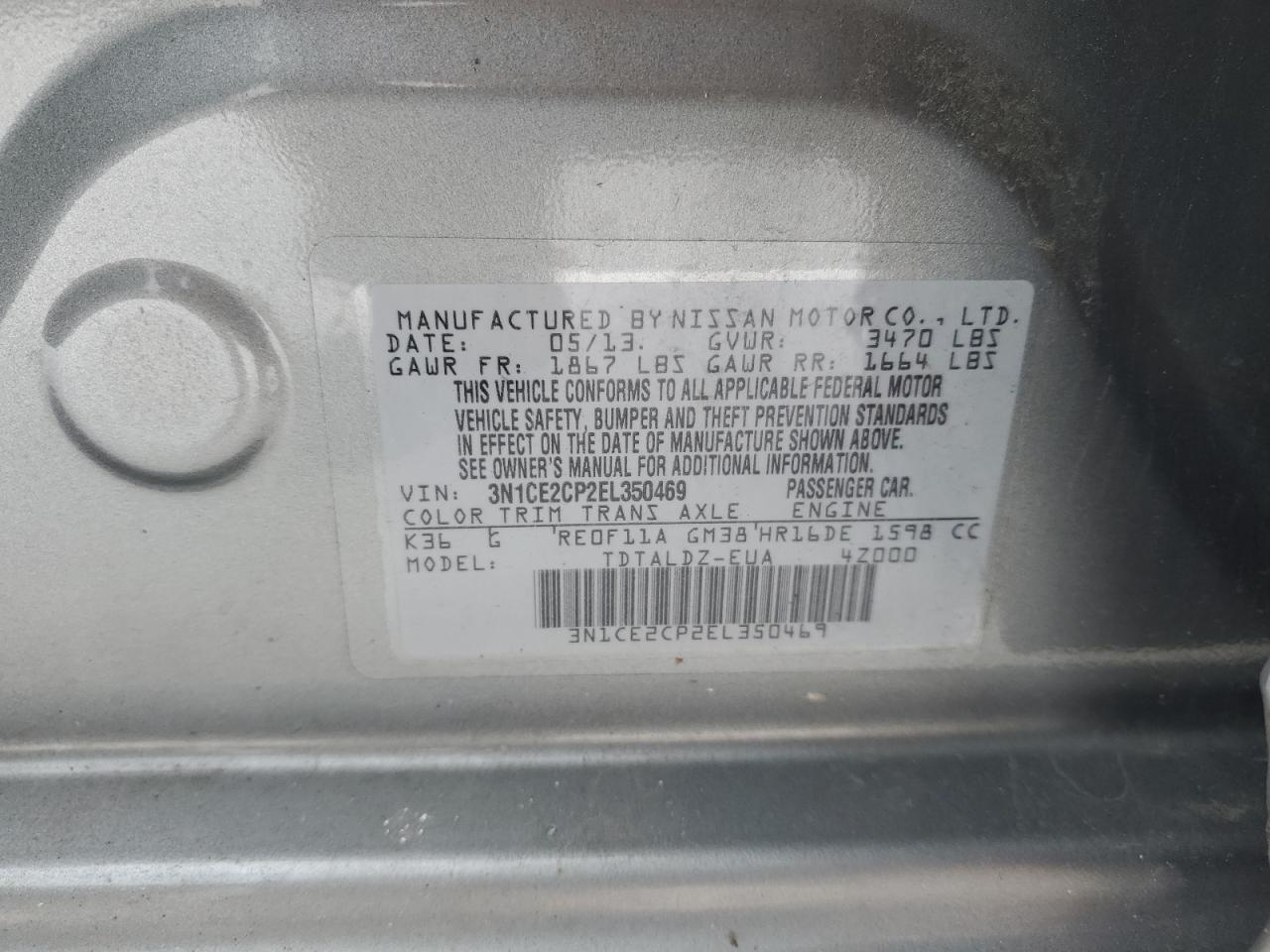 2014 Nissan Versa VIN 3N1CE2CP2EL350469 Copart auction photo, rear end damage thumbnail 12