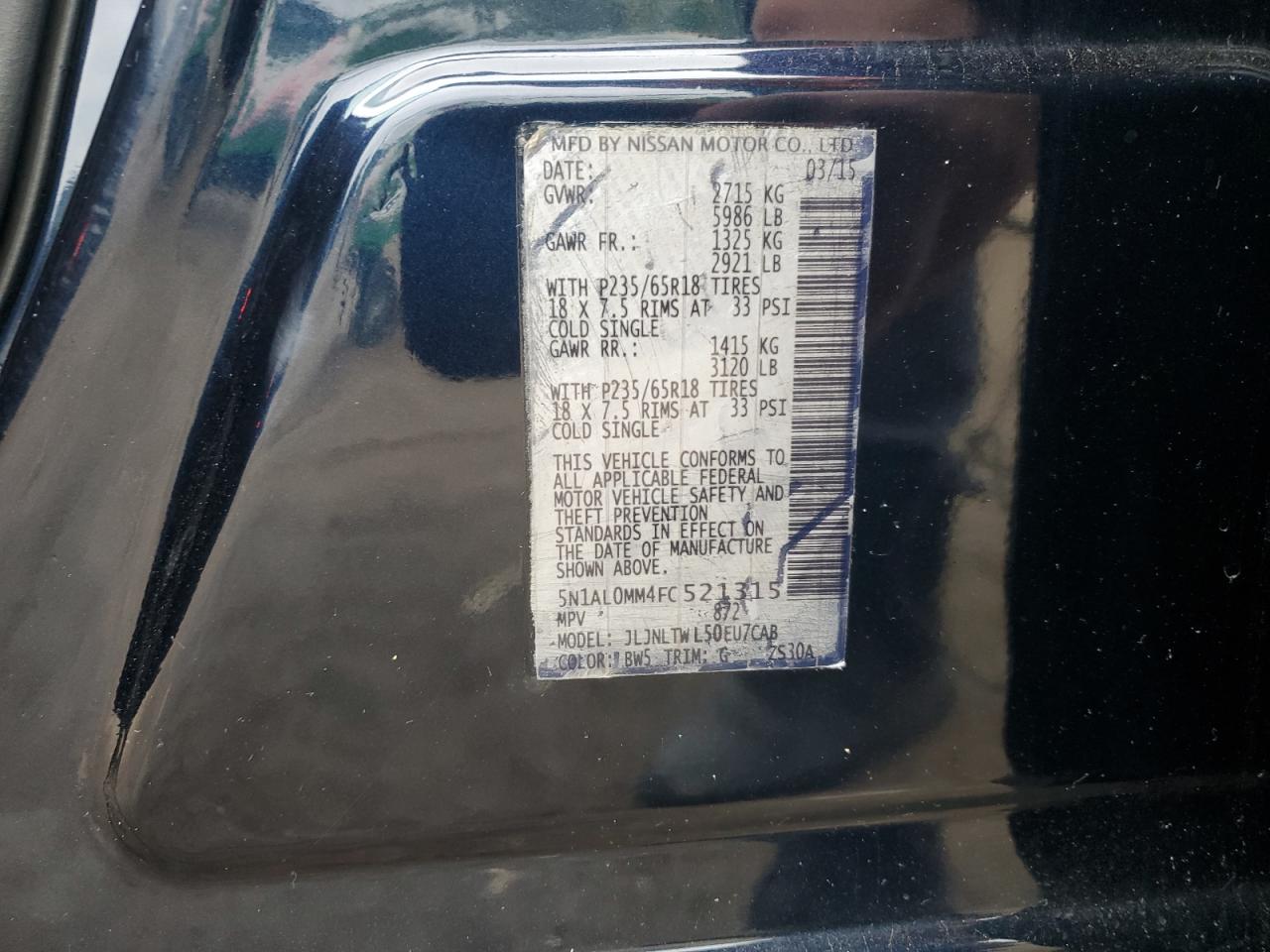 2015 Infiniti QX60 VIN 5N1AL0MM4FC521315 Copart auction photo, vandalism damage thumbnail 13