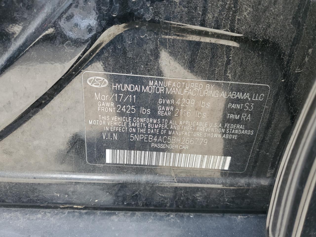 2011 Hyundai Sonata VIN 5NPEB4AC5BH266779 Copart auction photo, vandalism damage thumbnail 12