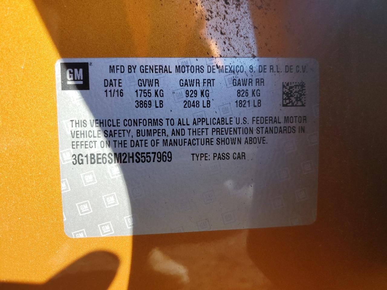 2017 Chevrolet Cruze VIN 3G1BE6SM2HS557969 Copart auction photo, rear end damage thumbnail 12