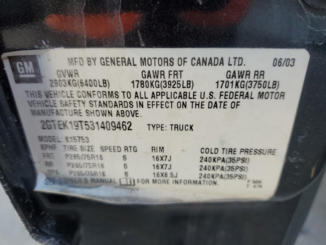 2003 GMC Sierra VIN 2GTEK19T531409462 Copart auction photo, burn damage thumbnail 12