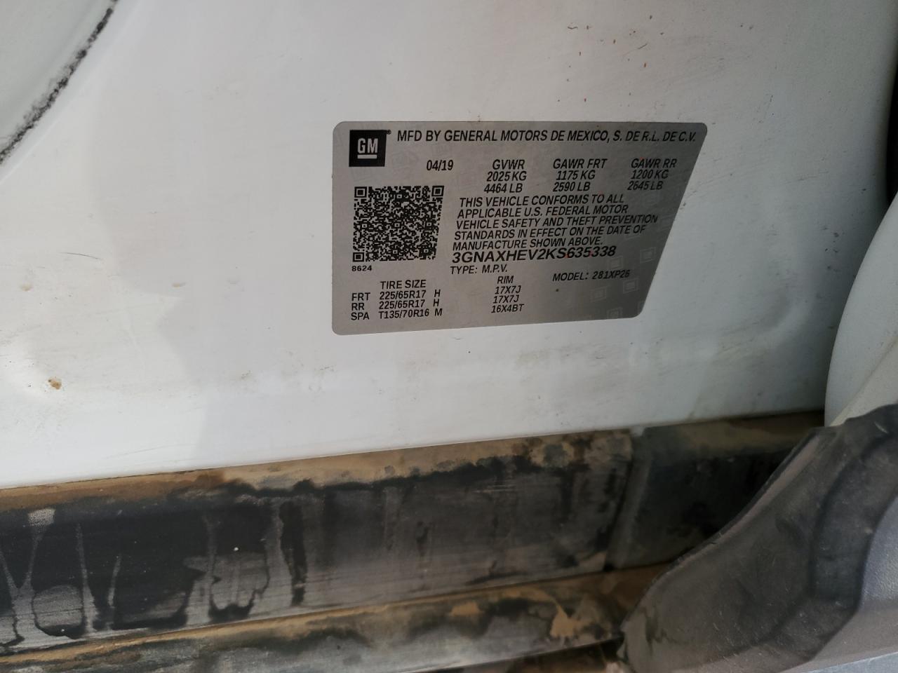 2019 Chevrolet Equinox VIN 3GNAXHEV2KS635338 Copart auction photo, front end / rear end damage thumbnail 13