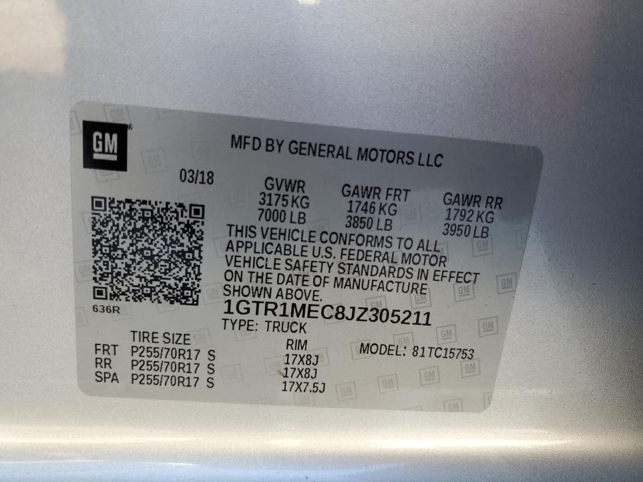 2018 GMC Sierra VIN 1GTR1MEC8JZ305211 Copart auction photo, front end damage thumbnail 13
