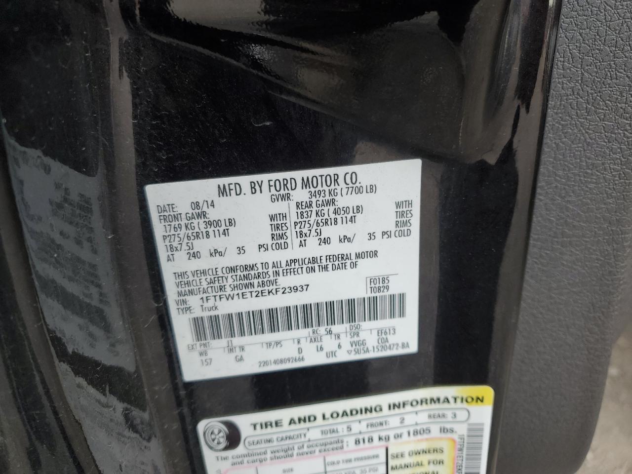 2014 Ford F-150 VIN 1FTFW1ET2EKF23937 Copart auction photo, front end / minor dent/scratches damage thumbnail 14