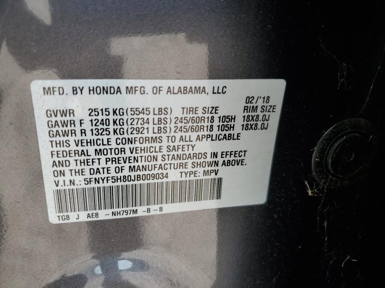 2018 Honda Pilot VIN 5FNYF5H80JB009034 Copart auction photo, side damage thumbnail 13