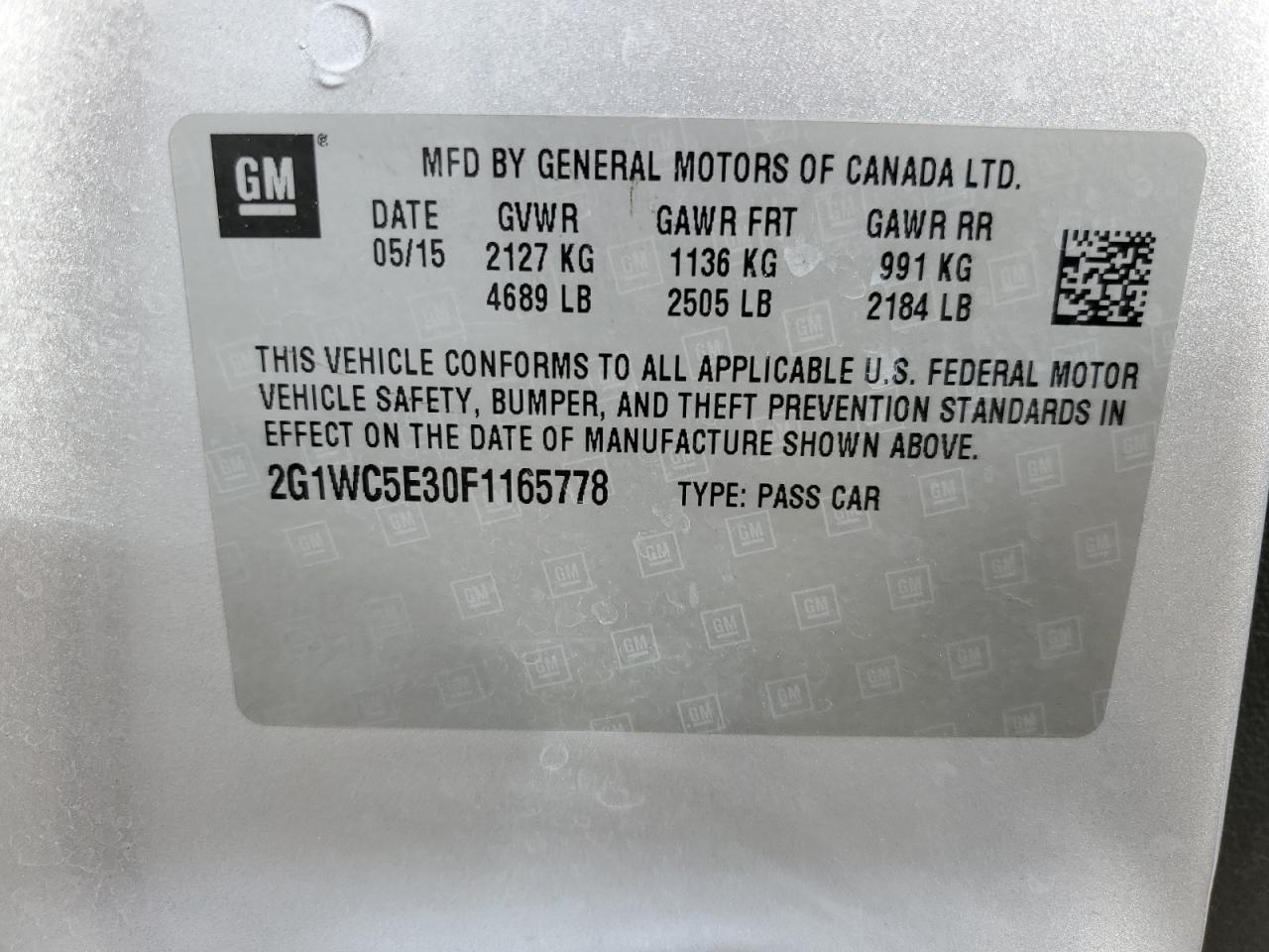 2015 Chevrolet Impala VIN 2G1WC5E30F1165778 Copart auction photo, front end / side damage thumbnail 12