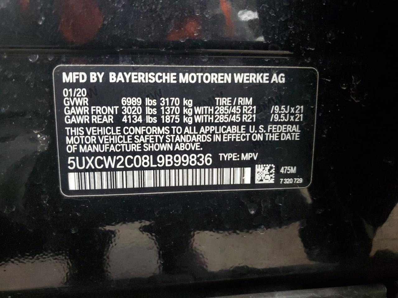 2020 BMW X7 VIN 5UXCW2C08L9B99836 Copart auction photo, front end / side damage thumbnail 13