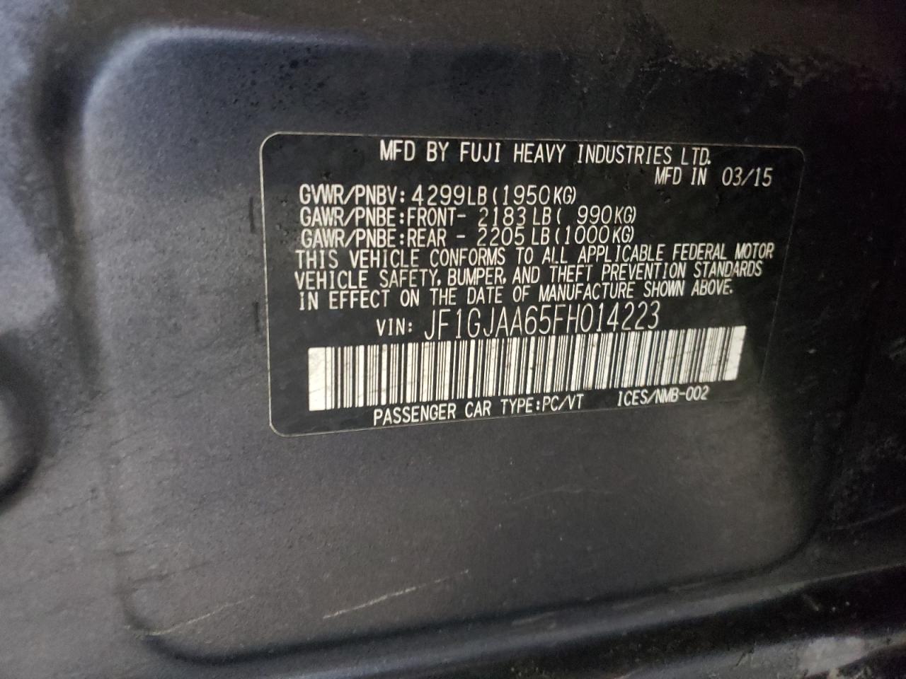 2015 Subaru Impreza VIN JF1GJAA65FH014223 Copart auction photo, front end / mechanical damage thumbnail 14