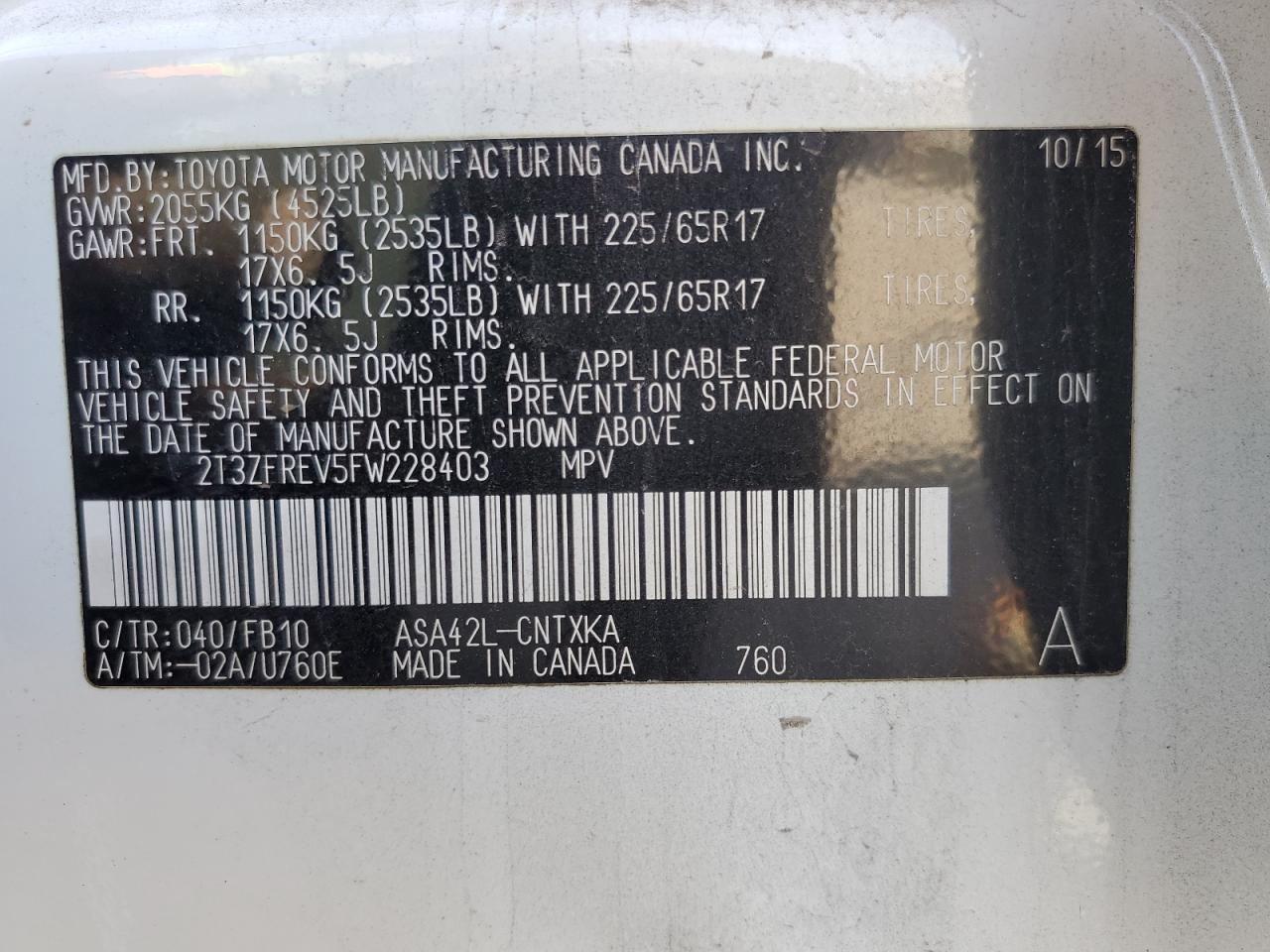 2015 Toyota RAV 4 VIN 2T3ZFREV5FW228403 Copart auction photo, front end / minor dent/scratches damage thumbnail 12