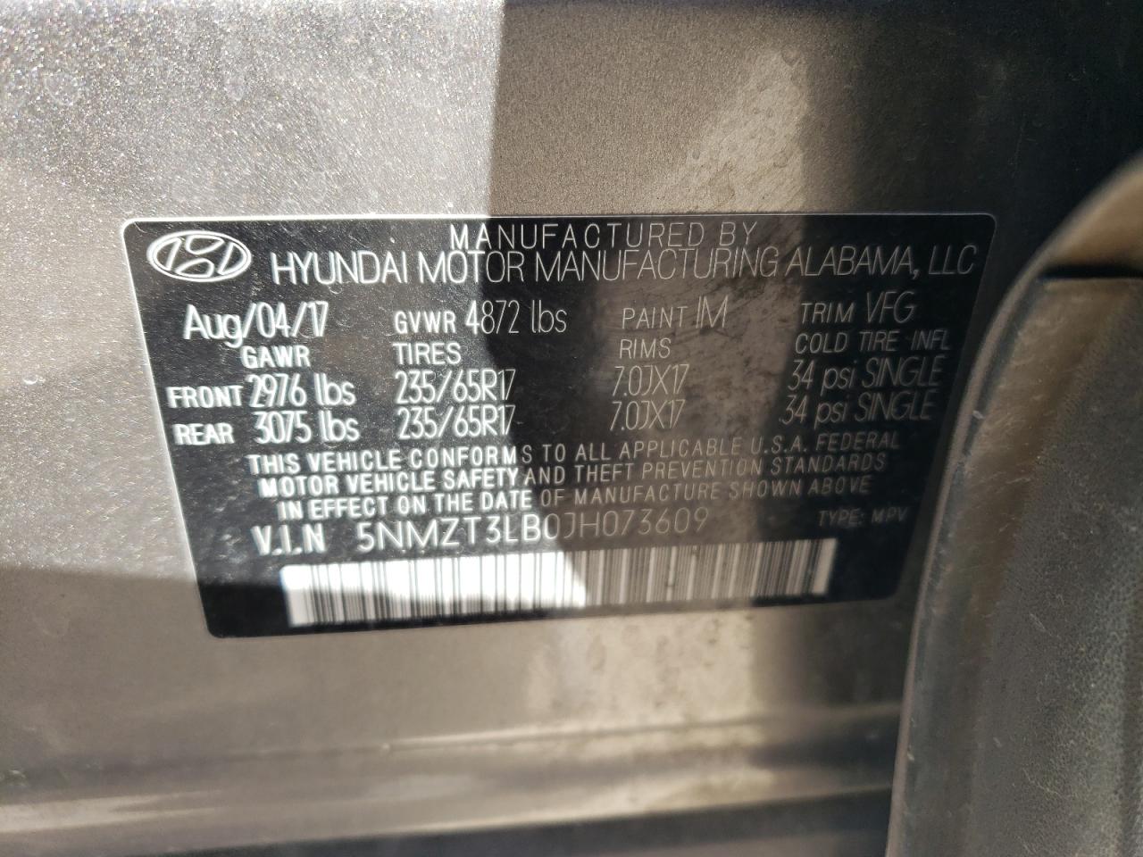2018 Hyundai Santa Fe VIN 5NMZT3LB0JH073609 Copart auction photo, front end / side damage thumbnail 15