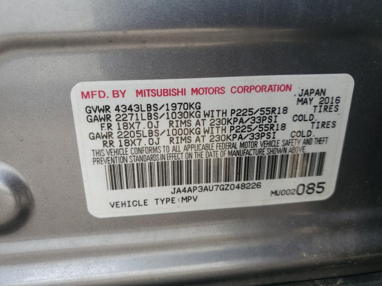 2016 Mitsubishi Outlander VIN JA4AP3AU7GZ048226 Copart auction photo, front end / minor dent/scratches damage thumbnail 16