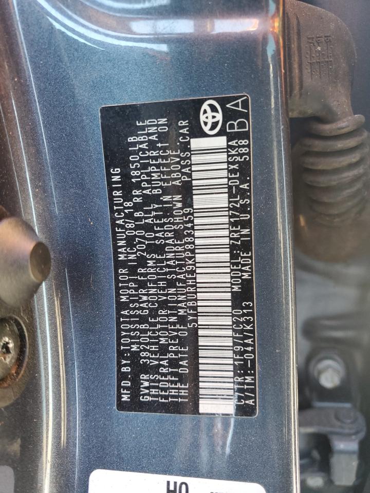 2019 Toyota Corolla VIN 5YFBURHE9KP883459 Copart auction photo, front end / side damage thumbnail 12