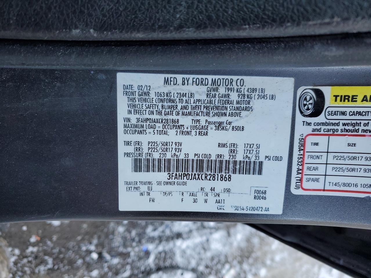 2012 Ford Fusion VIN 3FAHP0JAXCR281868 Copart auction photo, front end damage thumbnail 13
