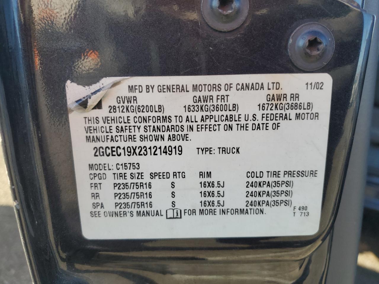 2003 Chevrolet Silverado VIN 2GCEC19X231214919 Copart auction photo, all over damage thumbnail 12