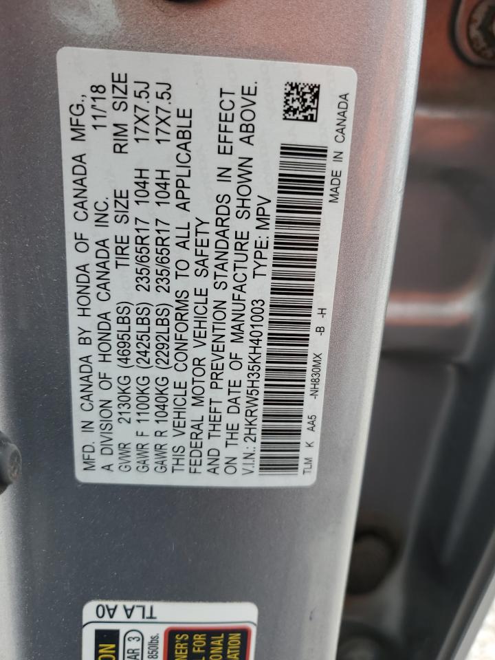 2019 Honda CR-V VIN 2HKRW5H35KH401003 Copart auction photo, front end / side damage thumbnail 14