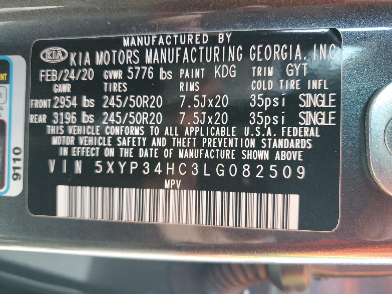 2020 KIA Telluride VIN 5XYP34HC3LG082509 Copart auction photo, front end damage thumbnail 13