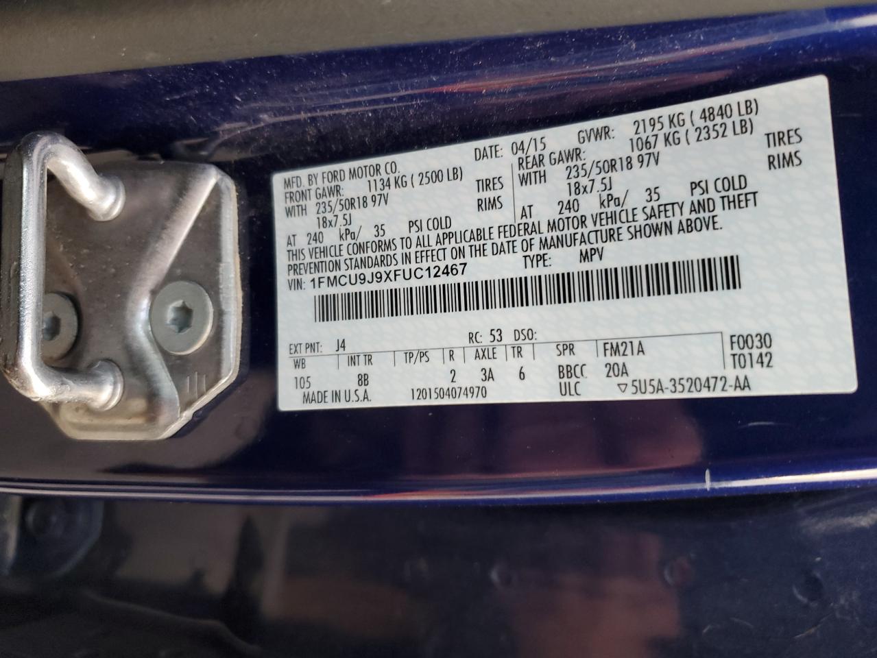 2015 Ford Escape VIN 1FMCU9J9XFUC12467 Copart auction photo, water/flood damage thumbnail 15