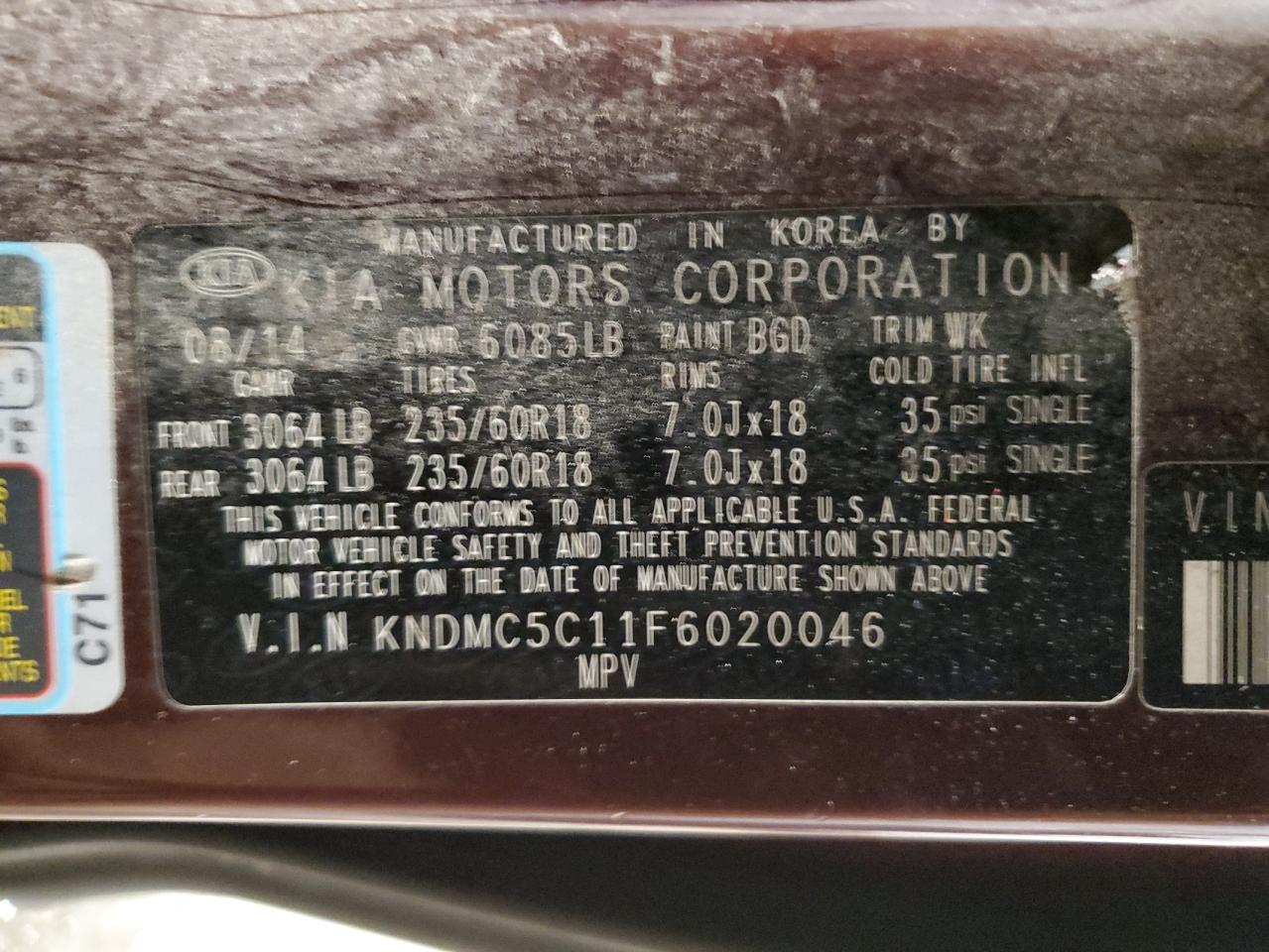 2015 KIA Sedona VIN KNDMC5C11F6020046 Copart auction photo, mechanical / minor dent/scratches damage thumbnail 13