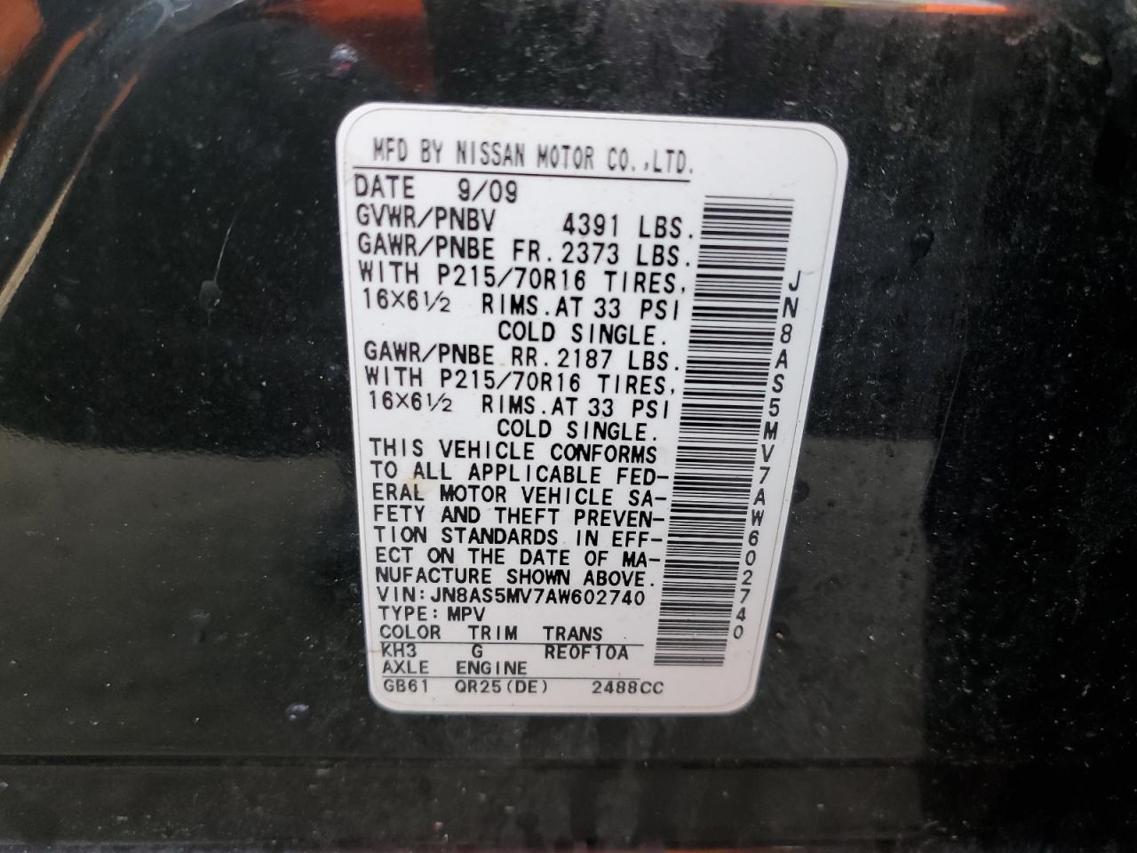 2010 Nissan Rogue VIN JN8AS5MV7AW602740 Copart auction photo, side damage thumbnail 15