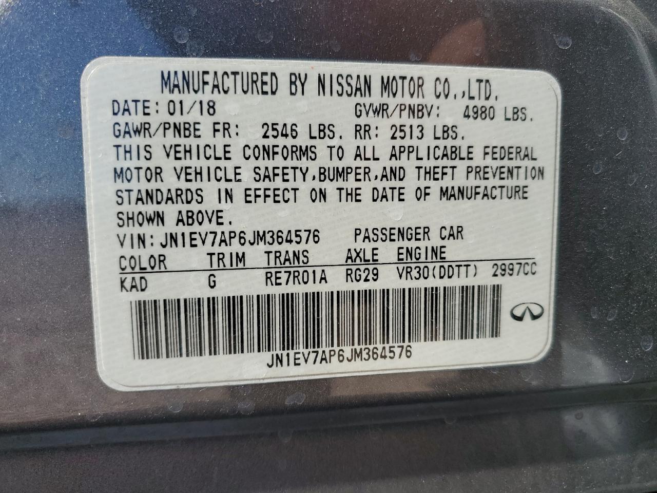 2018 Infiniti Q50 VIN JN1EV7AP6JM364576 Copart auction photo, front end damage thumbnail 13