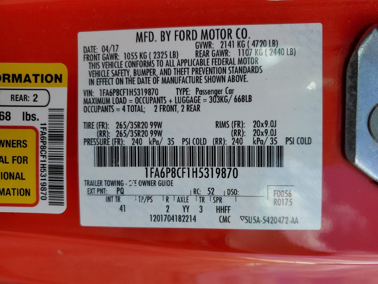 2017 Ford Mustang VIN 1FA6P8CF1H5319870 Copart auction photo, rear end / side damage thumbnail 14