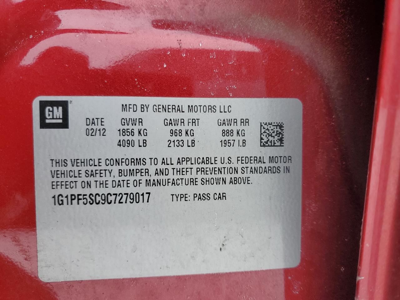 2012 Chevrolet Cruze VIN 1G1PF5SC9C7279017 Copart auction photo, hail damage thumbnail 12