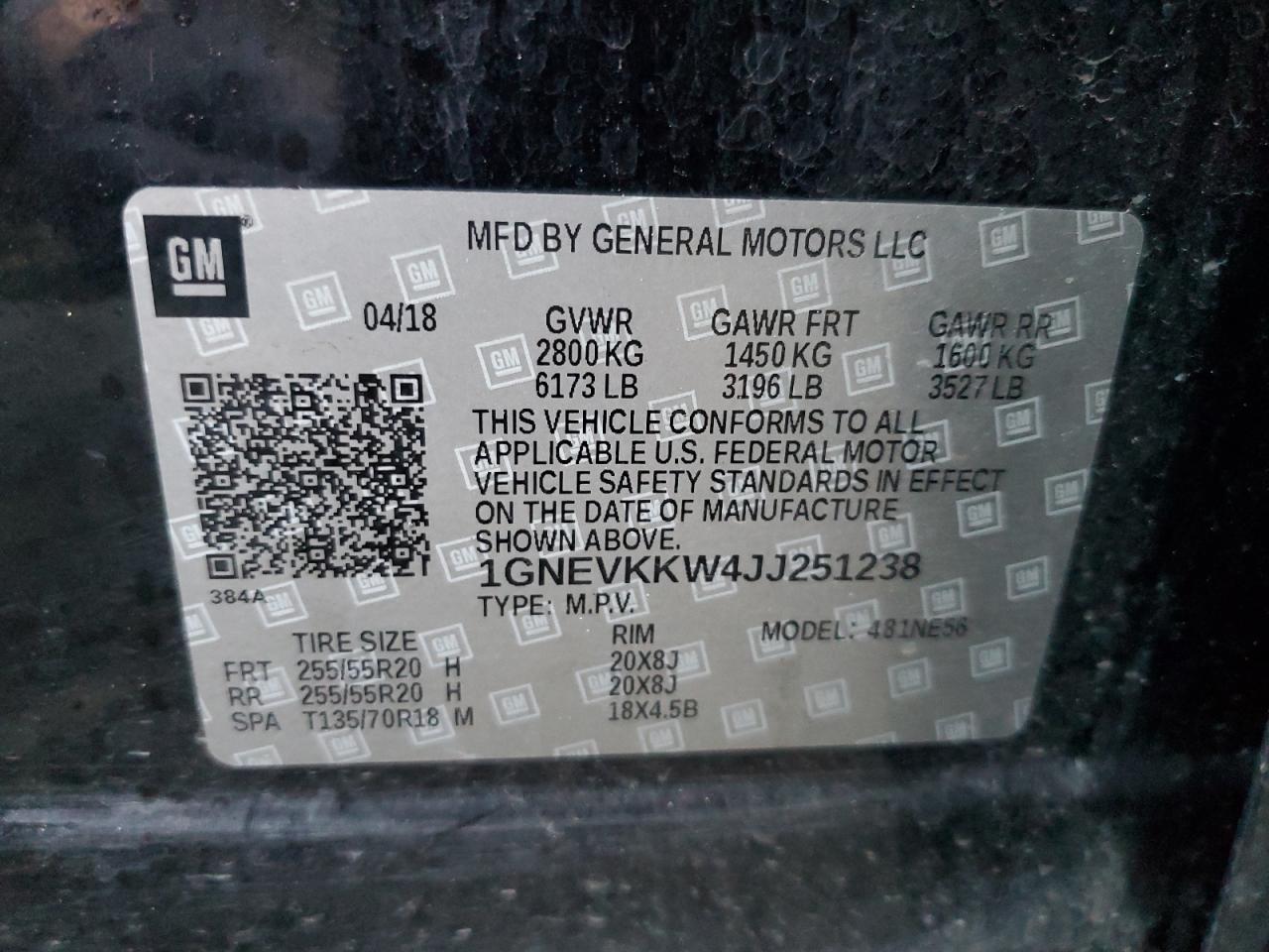 2018 Chevrolet Traverse VIN 1GNEVKKW4JJ251238 Copart auction photo, all over damage thumbnail 13